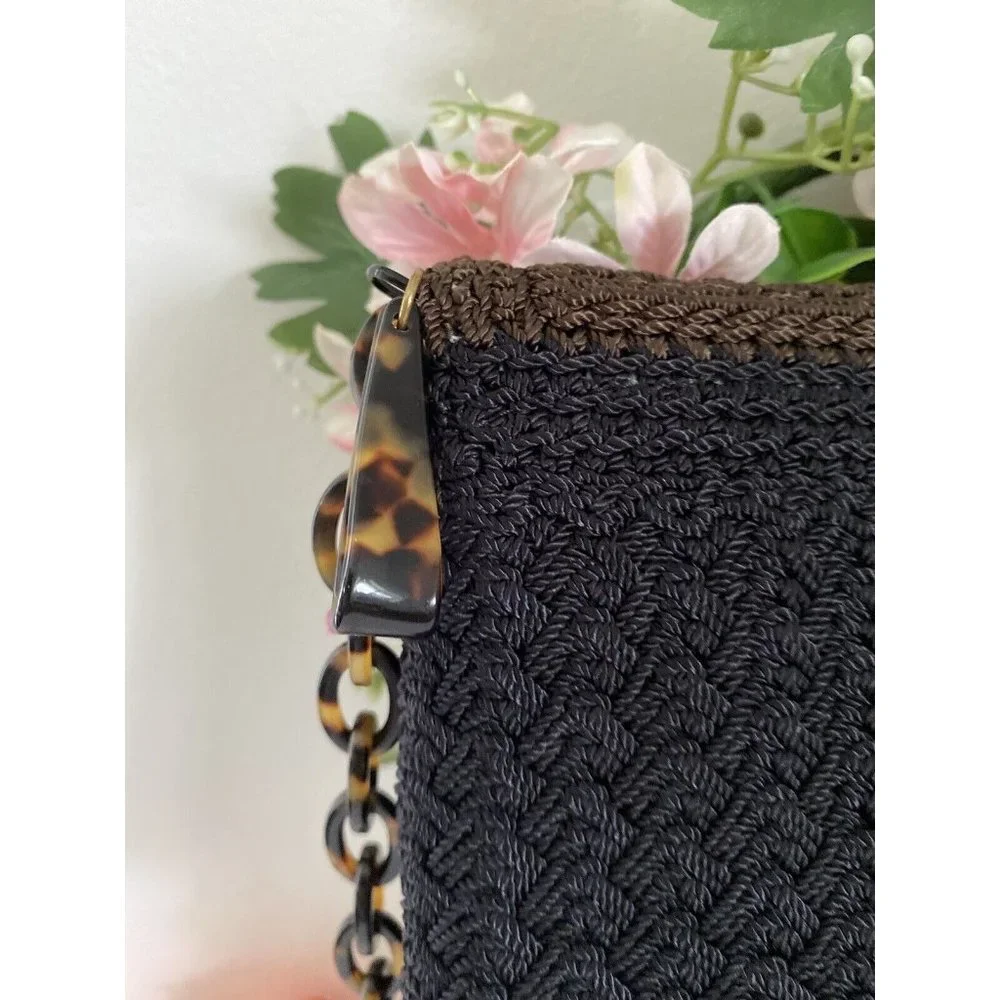 Christian Livingston Black Crochet Bag w Faux Tortoise Chain Strap Cross Body‎